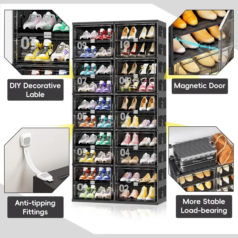 10 Tiers 40 Pairs Foldable Shoe Rack，Large Collapsible Shoe Storage Organizer Cabinet with Magnetic Doors，Shoe Rack Organizer image 4