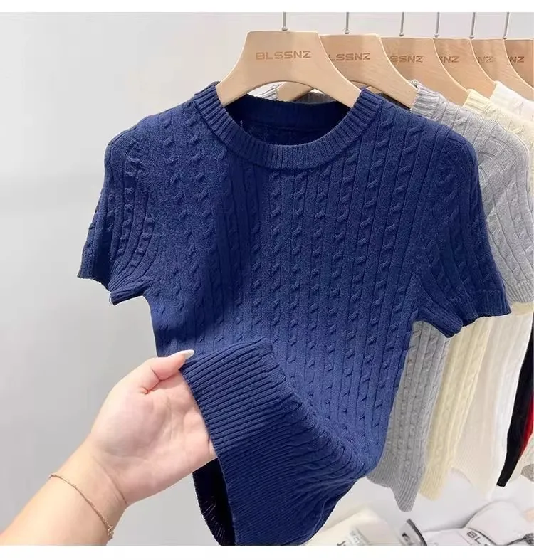 Zjaiss 2026 Summer Korean Retro Elegant Texture Short Sleeve O-Neck Twist Knit Top Women Soft Casual Versatile Thin T-shirt