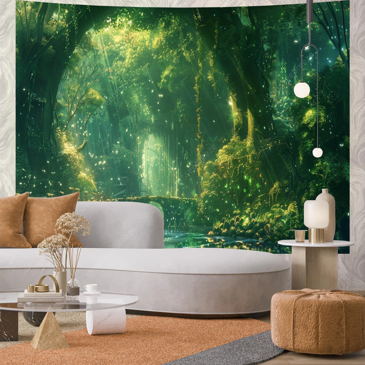 Sunshine Forest Tapestry Bridge and Flowing Water Tapestry Wall Hanging Room Decor Aesthetics Home Wall Decor Curtain Blanket