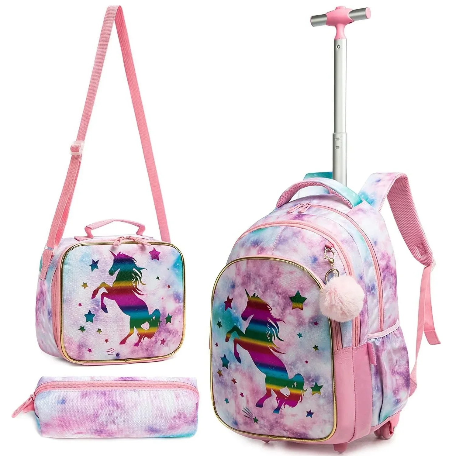 18 Inch Rolling Backpack Set Wheeled Schoolbag Kids Backpack with Insulated Lunch Bag and Pencil Case Book Bag for Boy and Girls