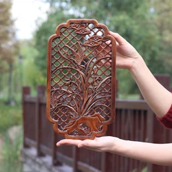 Chinese Classical Hollow Wood Carving Crafts Camphor Wood Carving Plum Blossoms Orchid Background Wall Hanging Decor Ornaments