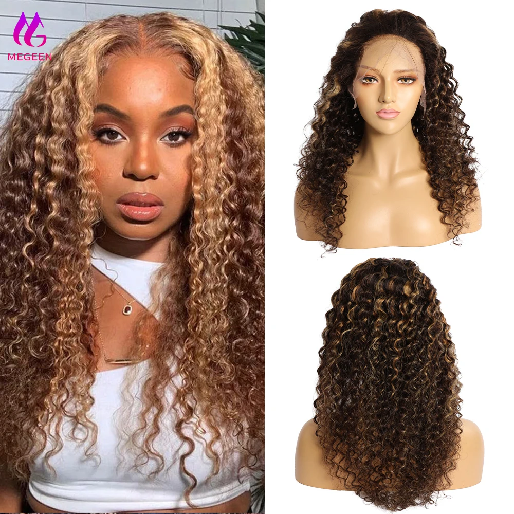 

Megeen 13x4 HD прозрачные передние парики со шнуровкой, натуральные волосы, глубокие волнистые передние парики со шнуровкой, искусственные вьющиеся волосы P4/27