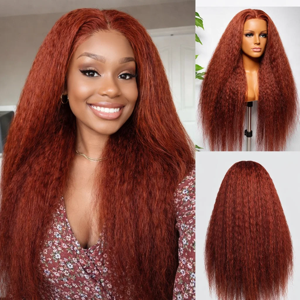 

200% Improved Reddish Brown Kinky Straight 13x4 Lace Frontal Human Hair Wigs Pre Plucked Brazilian Human Hair Wig For Women