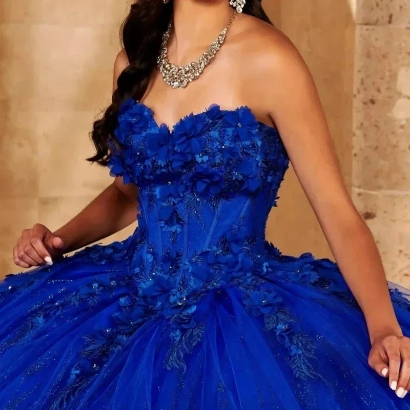 Sexy Koningsblauwe Rugloze Gillter Quinceanera Jurken 3d Bloemen Appliqueert Off Shoulder Corset Prom Feestjurk 16 Vestidos De Xv