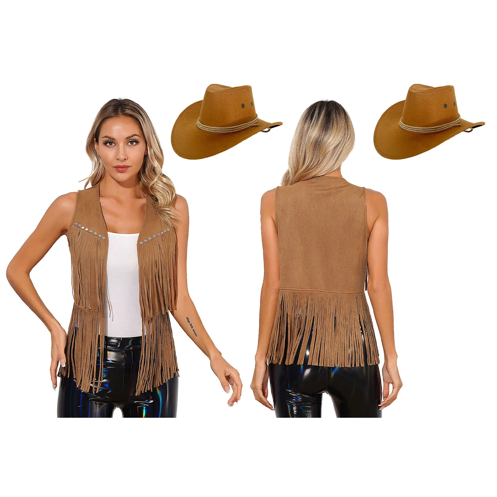 

Women's Western Cowgirl Costume Faux Suede Vest Waistcoat with Fringe Cowboy Hat Retro Hippie Cosplay Theme Party Outfits