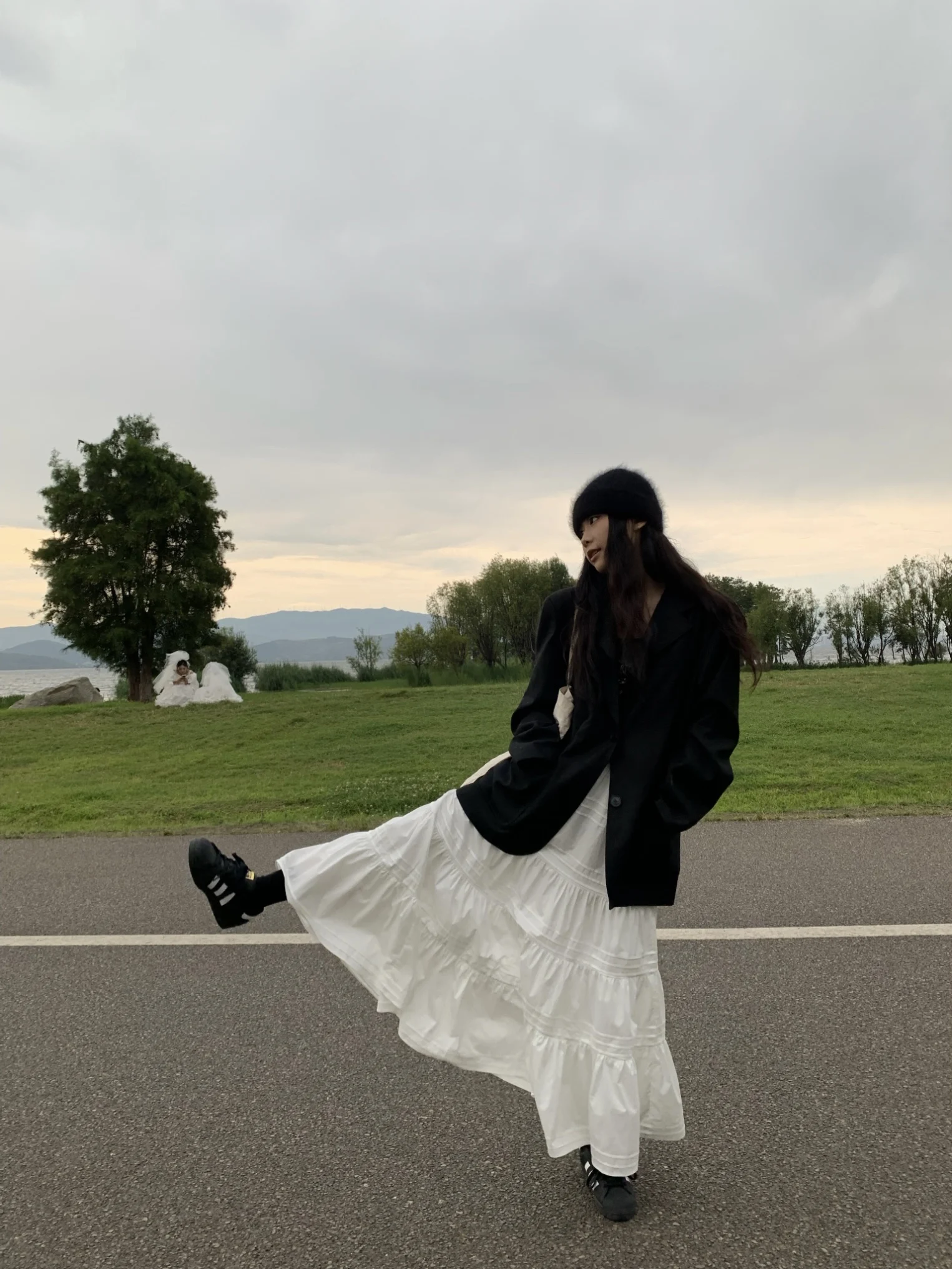 

Jinputi White A-Line Midi Skirt Women's High Waist Design Sensation Casual Nylon Cotton Blend Autumn Winter Long Skirts