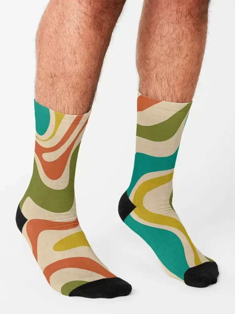 Motif abstrait rétro à tourbillon liquide dans les couleurs mod du milieu du siècle chaussettes compression pour hommes randonnée chaussettes chaudes d'hiver dames hommes