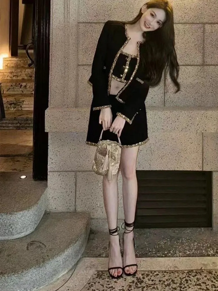 New Designer Office Ladies Black Tweed Jacket Diamond Sequined Vest High Waist A-Line Skirt Three Piece Set Fashion Women Sets