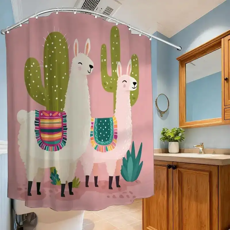 Cortina de ducha con diseño de lama y cactus, patrones textiles inspirados en los Andes, fondo rosa, 12 ganchos, decoración divertida e impermeable