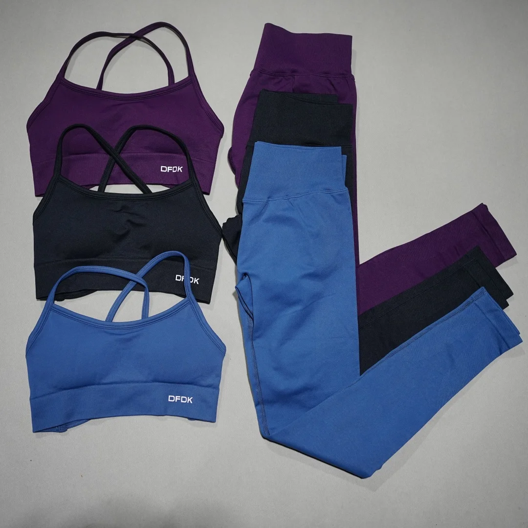 DFDK High Waist Stretch Leggings Set, Seamless Tie Back Sports Top, 2Pcs Workout Suit for Outdoor Fitness Running