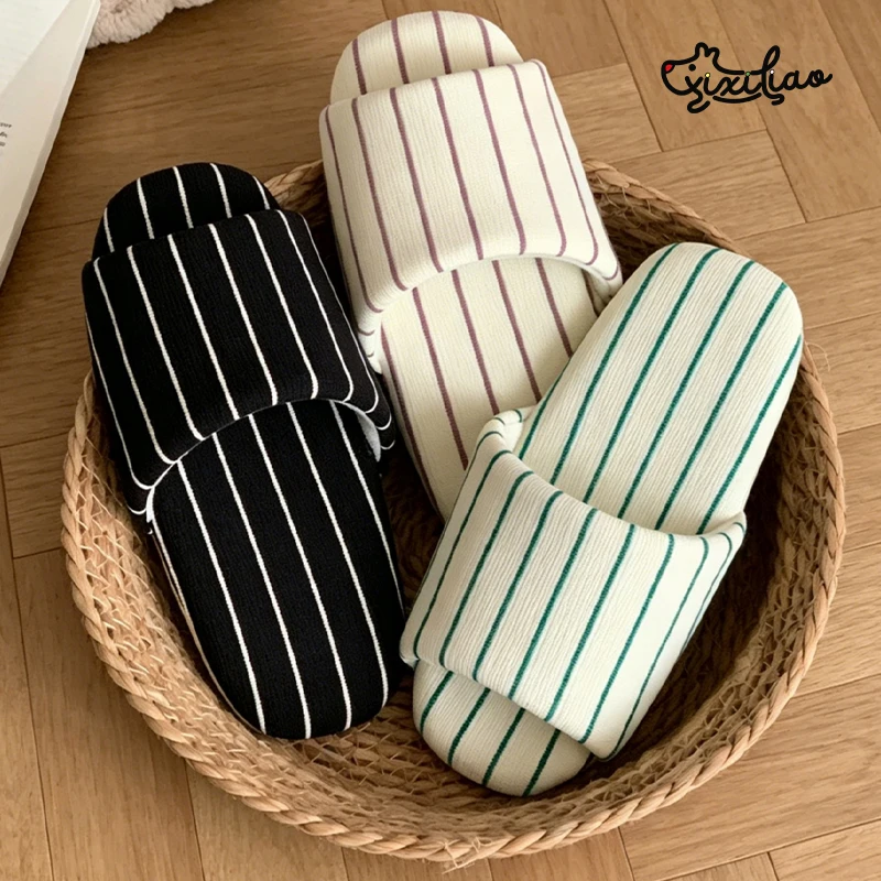 XIXITIAO Stripe Indoor Slippers Women Men Four Seasons Couples Home Flat Floor Slippers Open-Toe Soft Light Cotton Shoes Unisex view 5