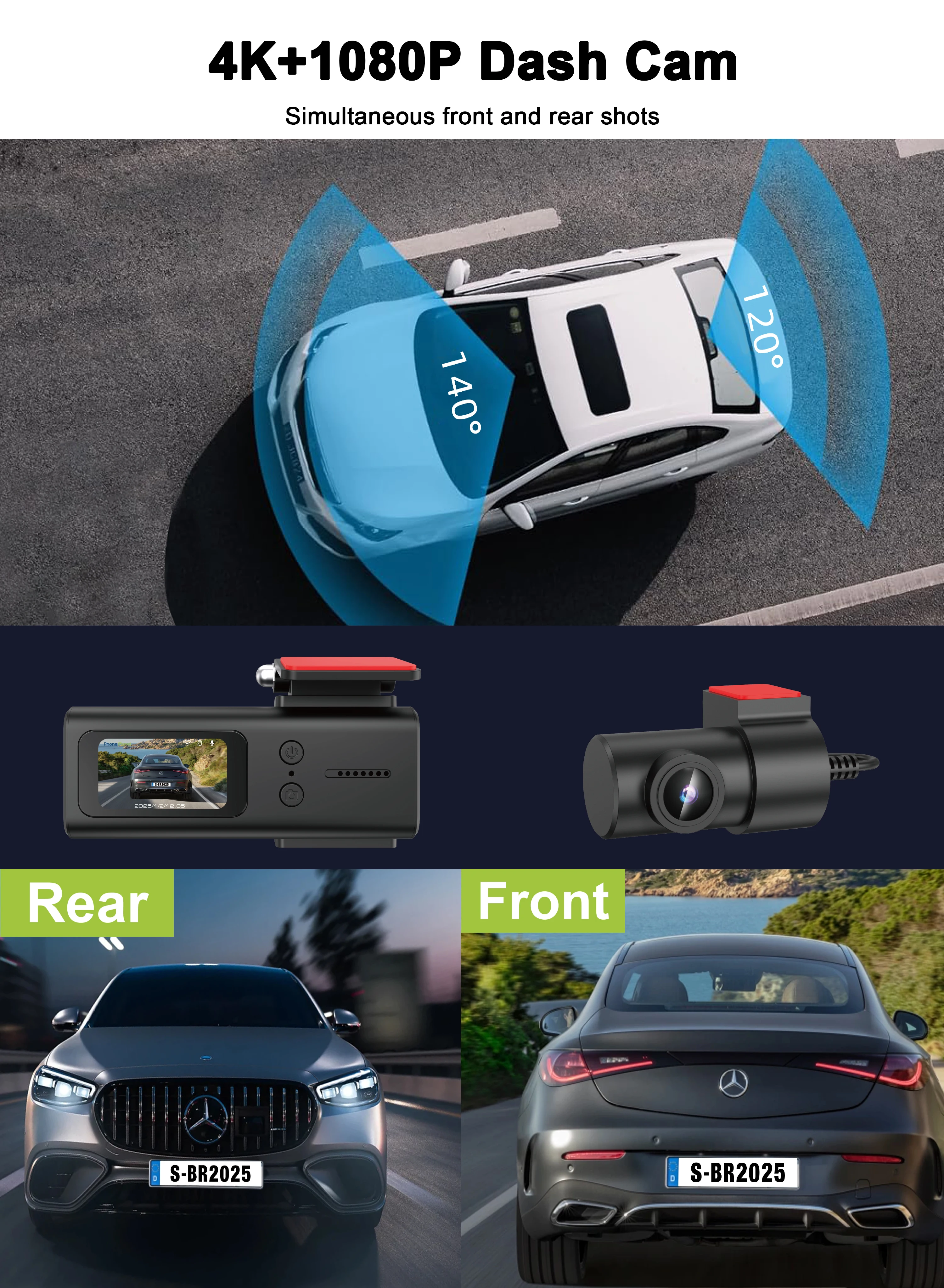 4K UHD Recording Smart Dash Cam Car Camera DVR Night Vision Video Recorder WDR G sensor 140 Wide-Angle Suppot 256GB Max