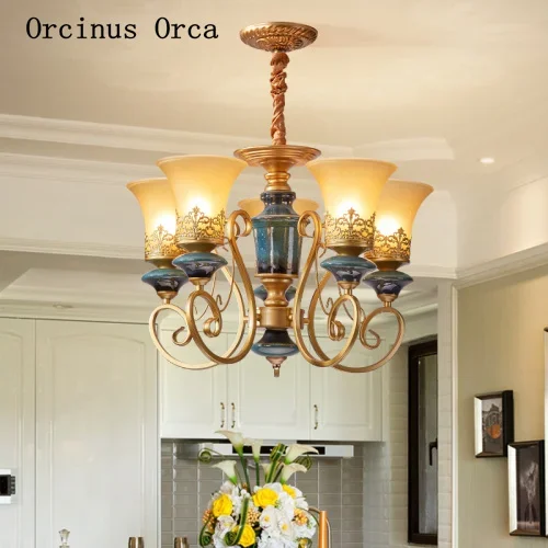 New European luxury blue ceramic chandelier living room dining room bedroom American romantic decoration golden glass chandelier