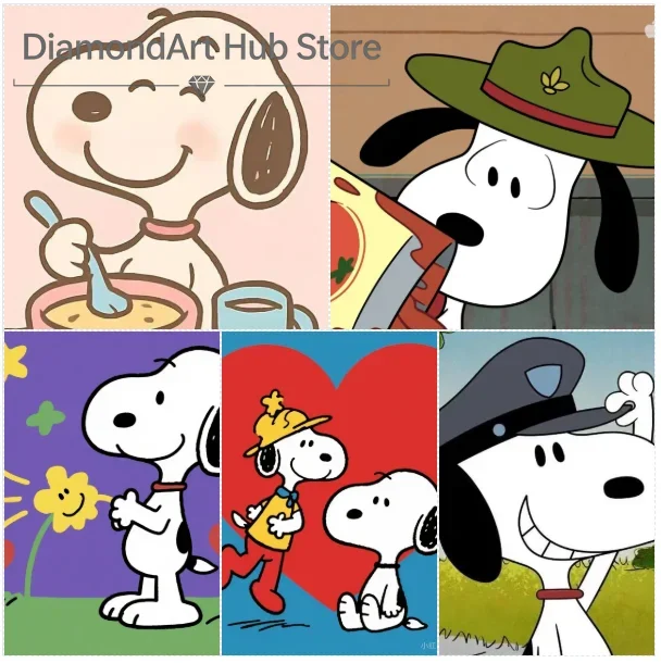 5D DIY Diamond Painting Cute Snoopy Peanuts Cartoon Art, Snoopy Eating Soup, Scout Reading, Snoopy With Flower, Heart Scene Wi