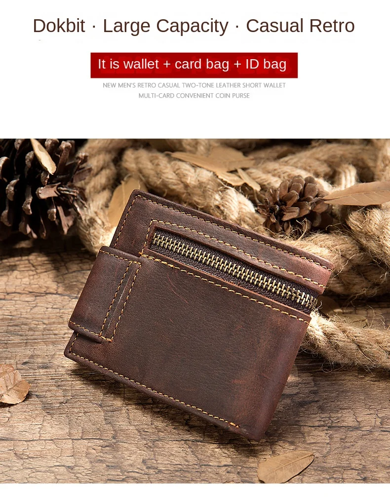 Kurze Geldbörse aus Crazy Horse-Leder für Herren, echtes Leder, Schnallen-Geldbörse, Vintage-Geldbörse aus Rindsleder, Kartenhalter, Multi-Karten-Geldbörse – Detail 1