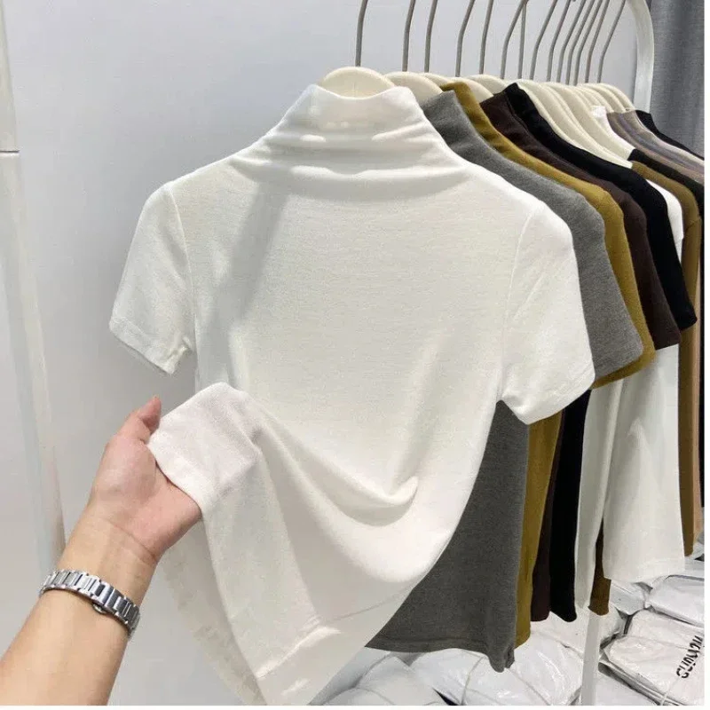 Soft Glutinous Solid Half High Neck Short-sleeved T-shirt Women Spring Autumn Versatile Thread Base Shirt Slim Body Style
