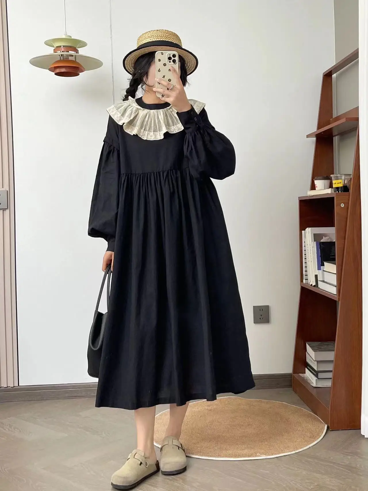 [Bereit auf Lager] Hochwertige Damen-Blusen-Hemdkleider aus 100 % Baumwolle, Lotusblatt-Kragen, lockeres, langes Kleid mit Fleischüberzug