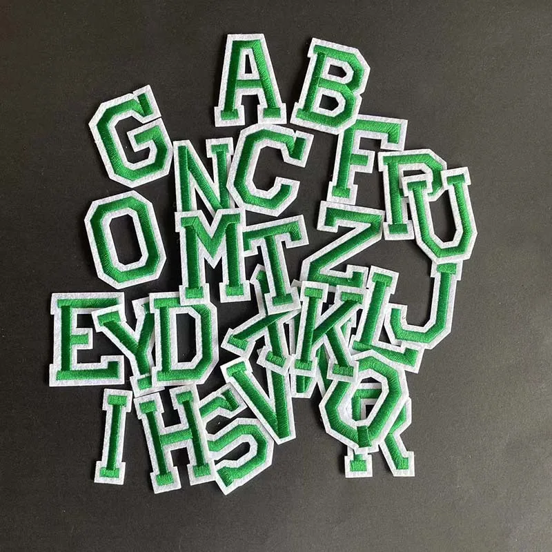 A~Z  Green Alphabet English Letters With White Edge Embroidery Applique Iron On Patches,Thermoadhesive Fabric Clothing Stickers