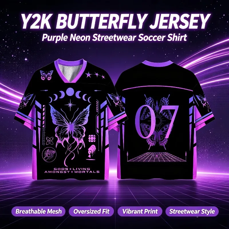 Cyberpunk Gradient Purple Butterfly Print V-neck Football Jersey for Men and Women, Retro Subculture Short Sleeved