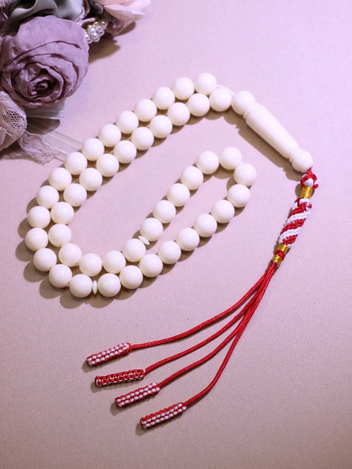 1Pc Cream White 45pcs 10mm Islamic Tasbih Prayer Beads with Hand Woven Red Tassel Minimal Handheld Muslim Zikr Rosary for Daily