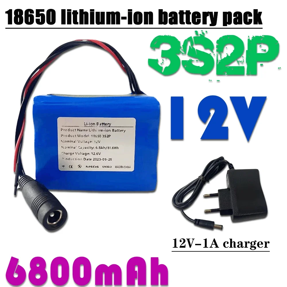 Bateria de iões de lítio recarregável, placa de proteção BMS incorporada, carregador de 12,6 V, capacidade 100% verdadeira, 3S2P, 12V, 6800mAh