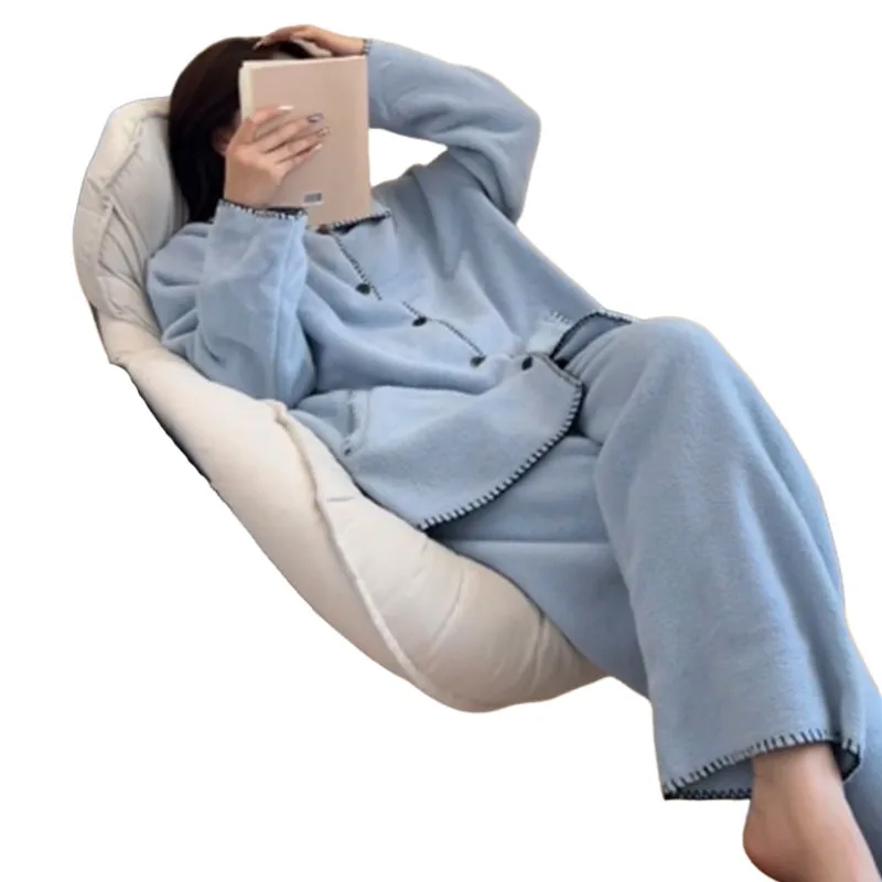 الشتاء بلون Homewear المرأة بيجامة مجموعة يمكن ارتداؤها كملابس خارجية Pj رشاقته الدفء ملابس النوم لينة المرجان الصوف ملابس خاصة #6