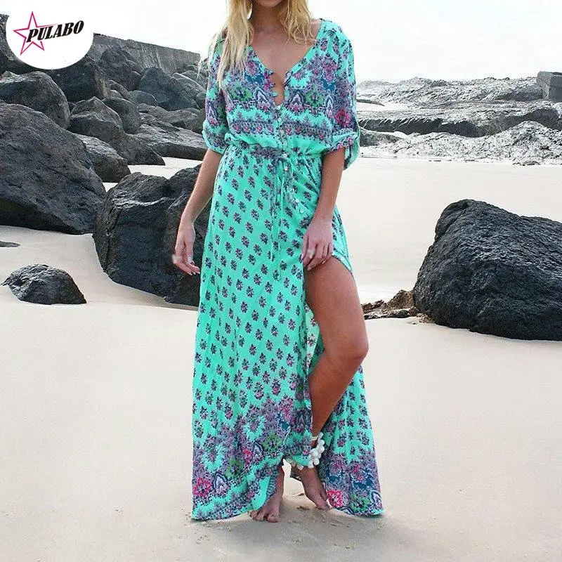 

PULABO Bohemian Printing Beach Dress Long Sleeve Hippie Chic Long Maxi Holiday Dress One Size Bandage Dresses Vacation Vestidos