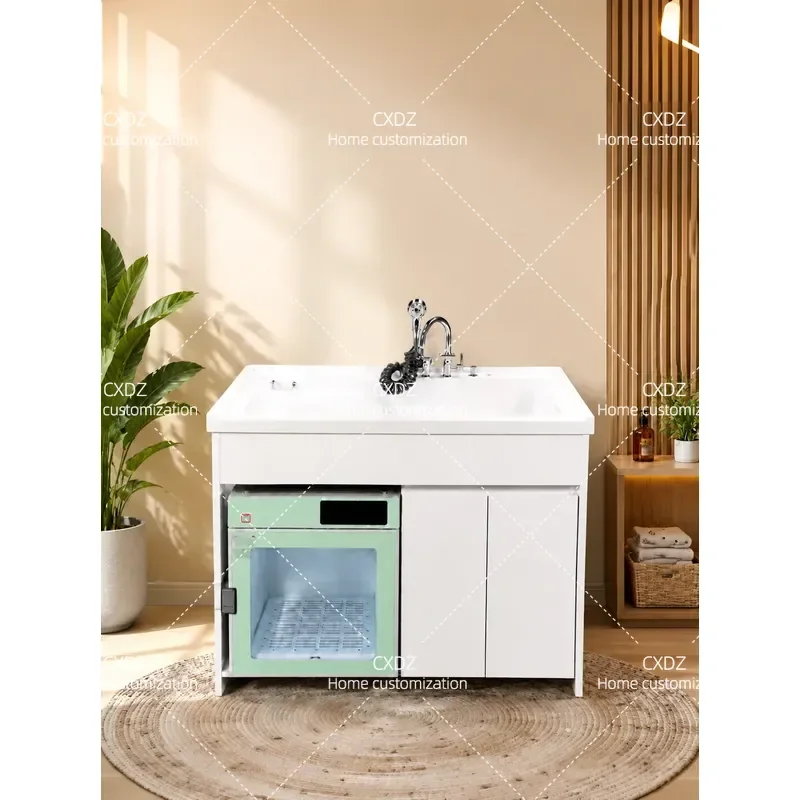Pet Grooming Bath Tub with Low Pressure Shower Integrated Care Table Cabinet for Cats and Dogs Shallow SPA Washing Pool
