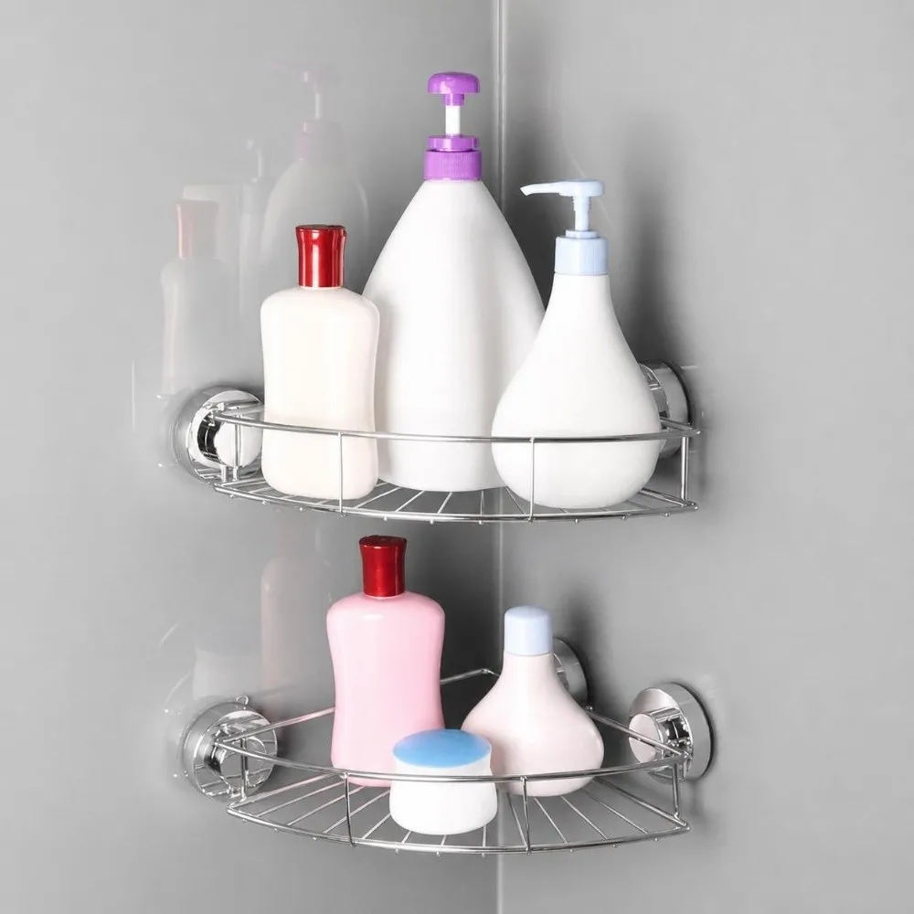 Stainless Steel Shower Shelf Silver Triangle Shape Storage Rack Wall Mounted Vacuum Suction Cup Shower Organizer Home Dorm