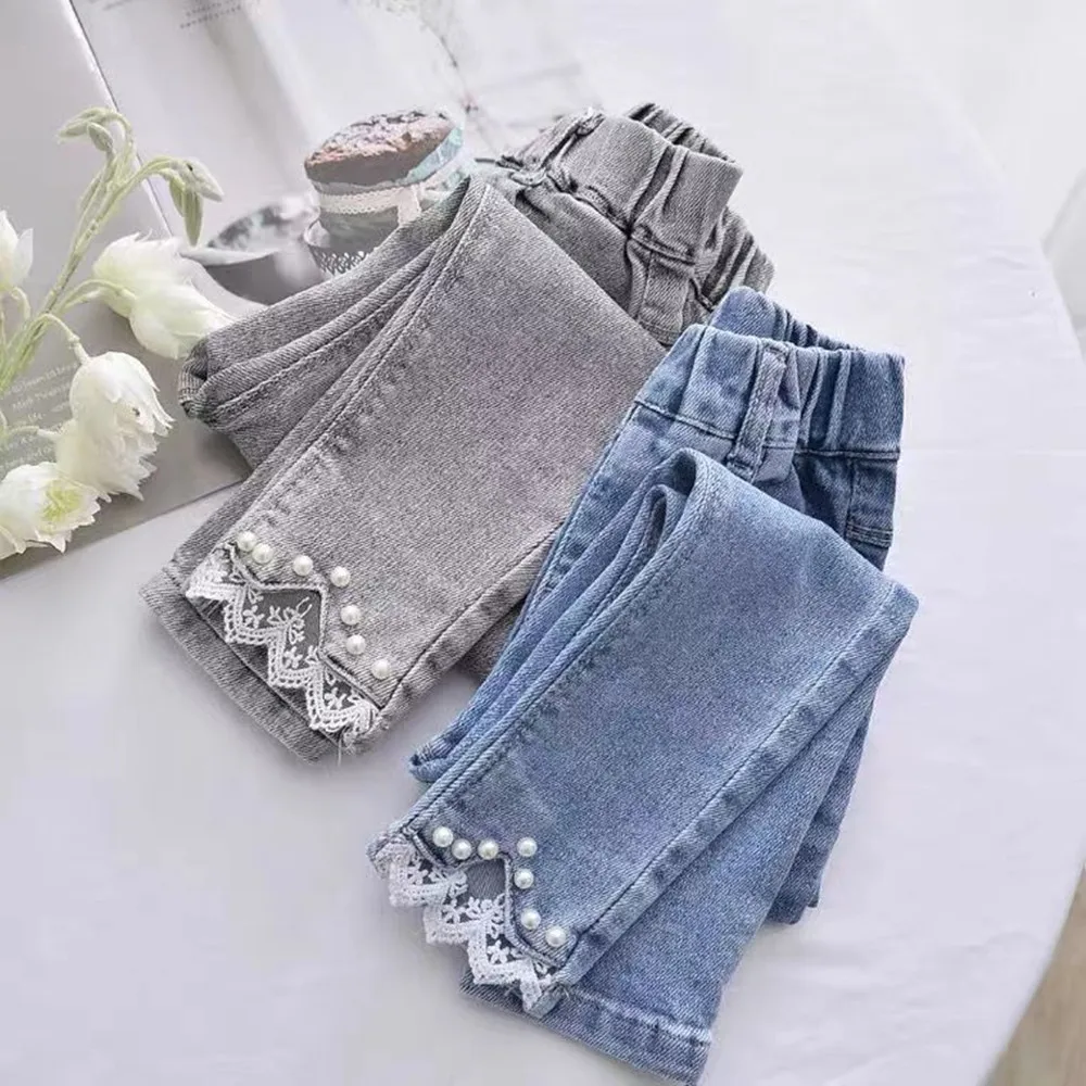 Kids Girls Spring And Autumn Pearl Jeans 2023 New Children\'s Pants ashionable Middle School Children\'s Baby Elastic Pants 2-8Y