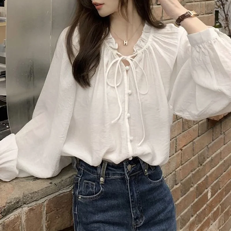 2024 New Summer Minimalist Loose Casual Commuting Versatile Fashion Tie Up Sweet Lace Collar Long Sleeved Sun Protection Shirt