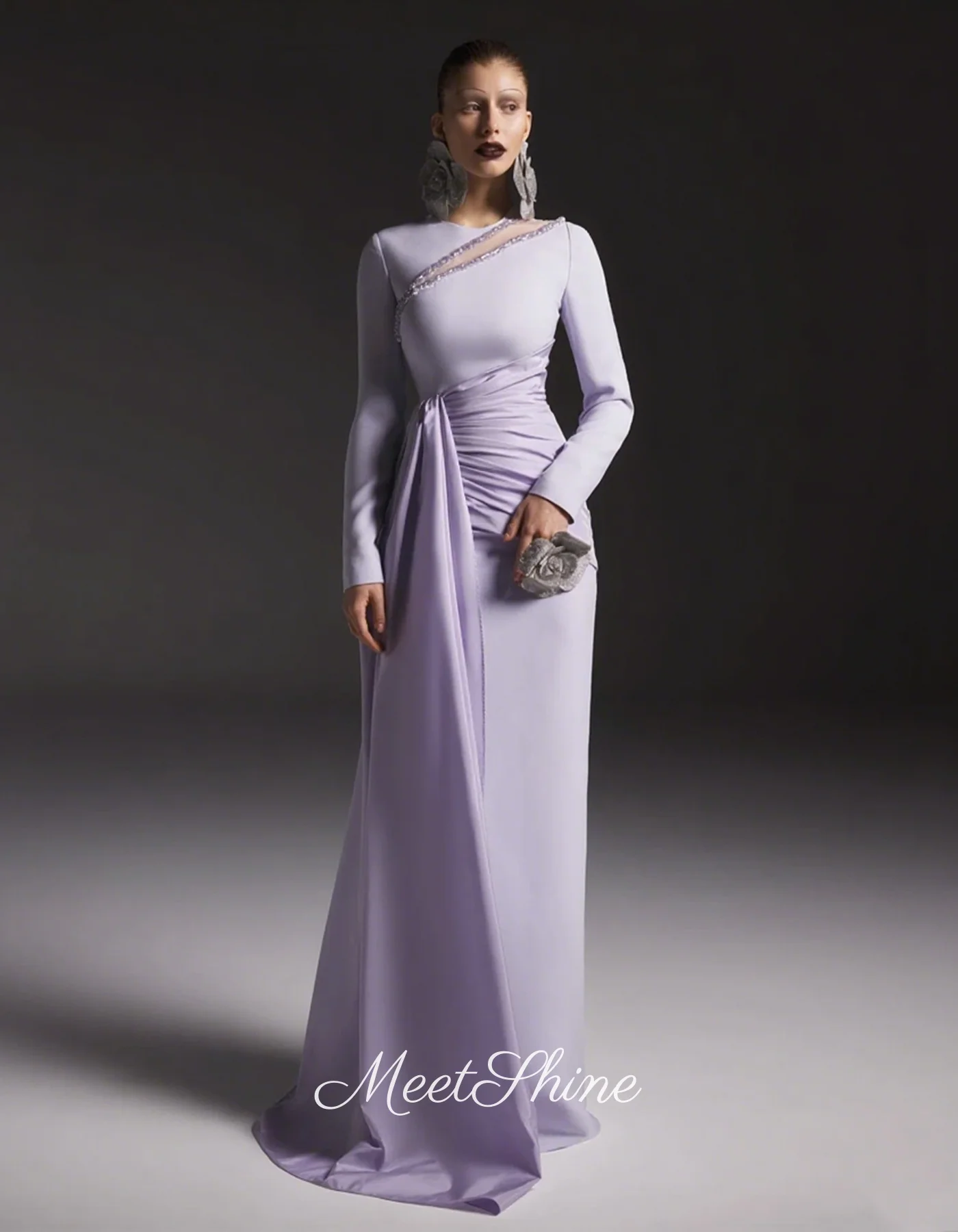 高級ドバイストレートラリックサテンイブニングドレスエレガントな長袖Oネックフロアレングススイープトレインウエディングドレスセレブドレス