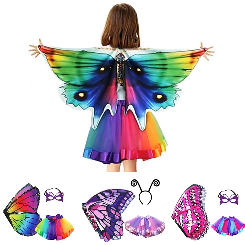 

Children Butterfly Wings Tutu Skirt Mask Set Girls School Performance Outfits Easter Halloween Party Dress Up Costume For Kids