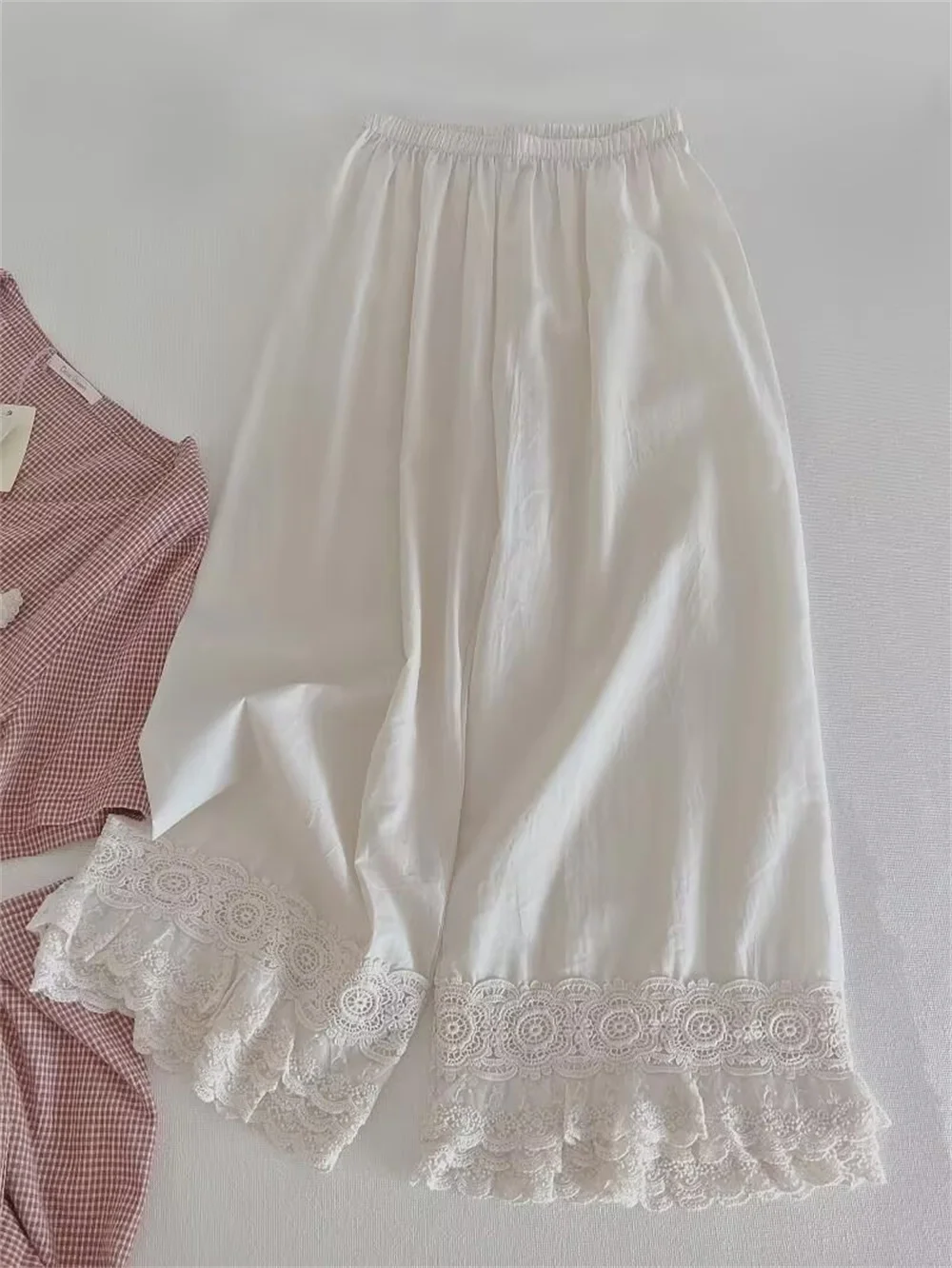Fashion Summer Women Trousers Layered Lace Patchwork Elastic Waist Loose Soft Ruffle Ankle-Length Cotton Linen Pants Cute