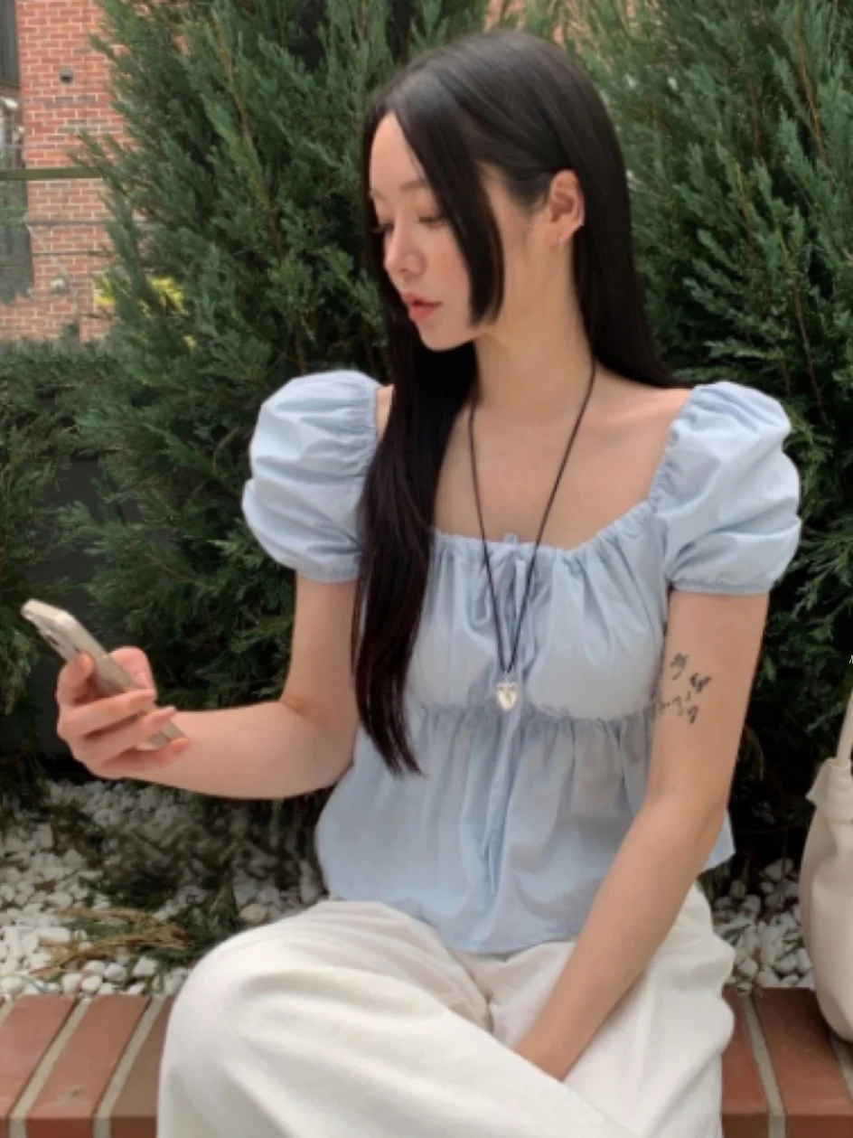 Coreano Sle ort Sve irt mujer oxígeno azul burbuja Sve Tie Ne Commute viento corte recto verano irt para damas