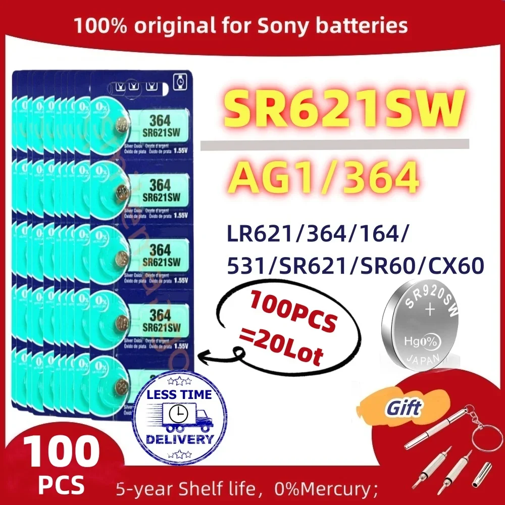 100PCS Original For SONY SR621SW button battery AG1 364 LR621 1.5V Alkaline Coin SR621 SR60 CX60 For Watch Toys Remote Cell Coin