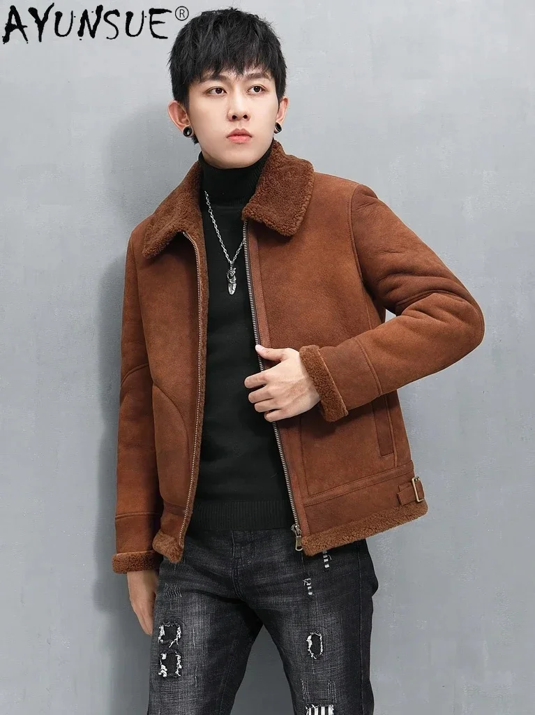 AYUNSUE Winter 100% Leather Jacket Natural Fur Coat Men Short Vintage Warm Sheepskin Shearling Coats Veste Homme 2025 WPY4385