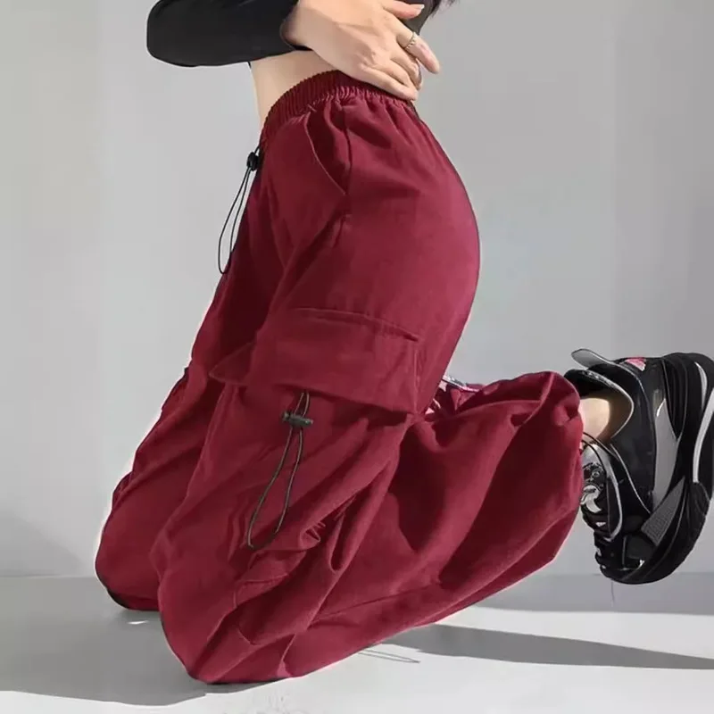 1 Pair Women Cargo Pants, Vintage Streetwear Style, Multi‑Pocket Stylish Design Loose Straight‑Leg Lightweight Trousers, For Lad