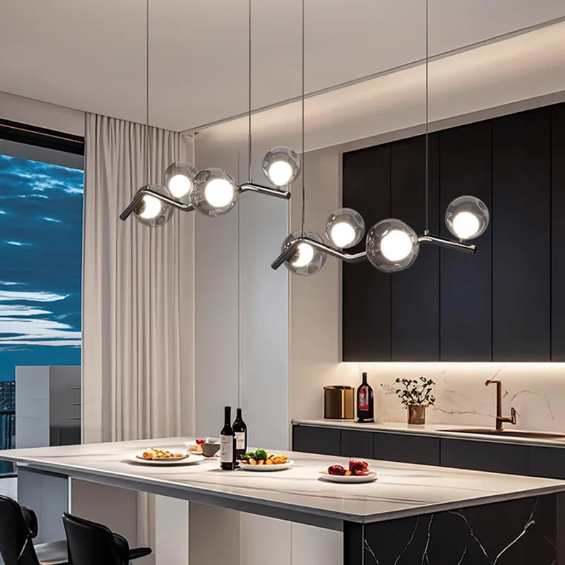 

Nordic minimalism Design Smoky Gray transparent Bubble ball Glass Chandelier lustre Ceiling for Kitchen island Height adjustable