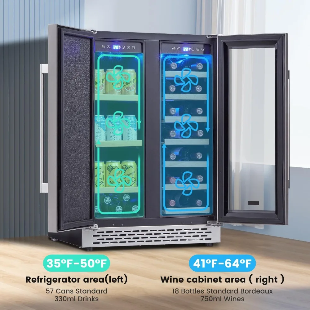 Dual-Zone Controle de Temperatura Digital Wine Fridge, portas de vidro, iluminação interior, detém 18 garrafas e 57 latas, 24"