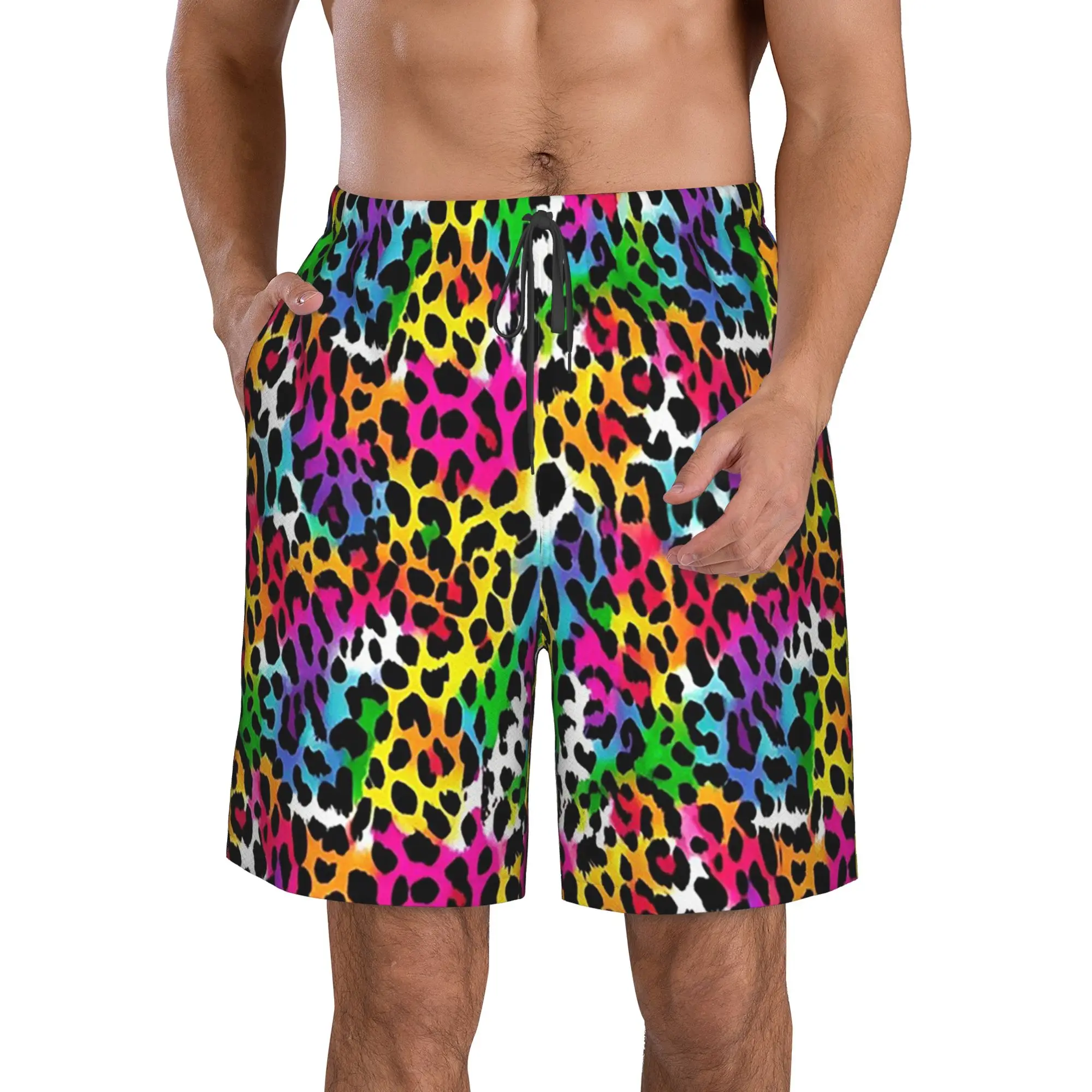 Vibrant Rainbow Leopard Print Trunks Beach Board Shorts Casual Quick Dry Swim Summer Men Pants