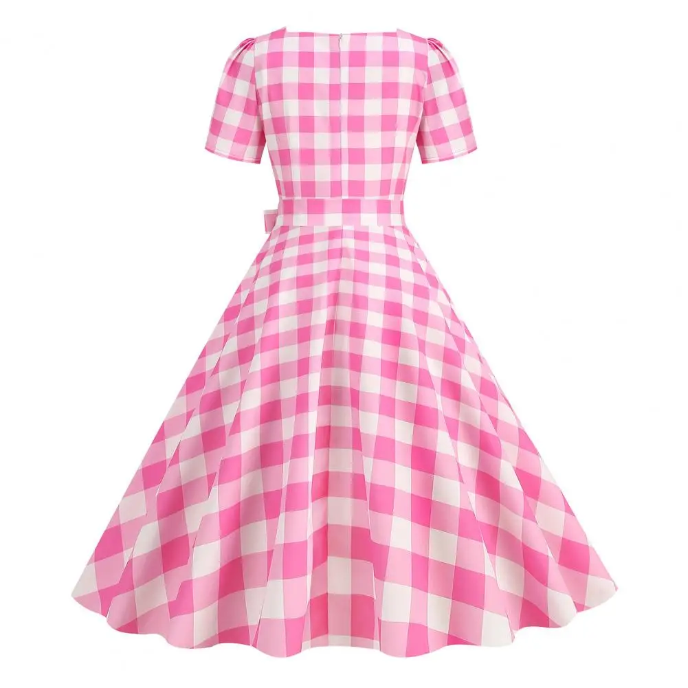 Short Sleeve Midi Dress Retro Plaid Print A-line Swing Dress with Square Collar Bowknot Decor for Women Vintage Cocktail Party