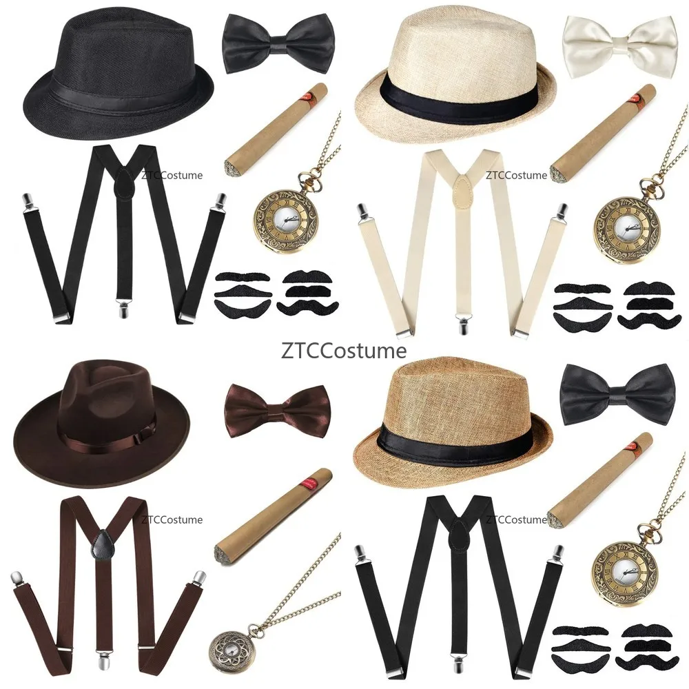 

Great Gatsby Cosplay Costume Set 6Pcs Roaring 20s Gangster Accessories with Tie Hat for Men