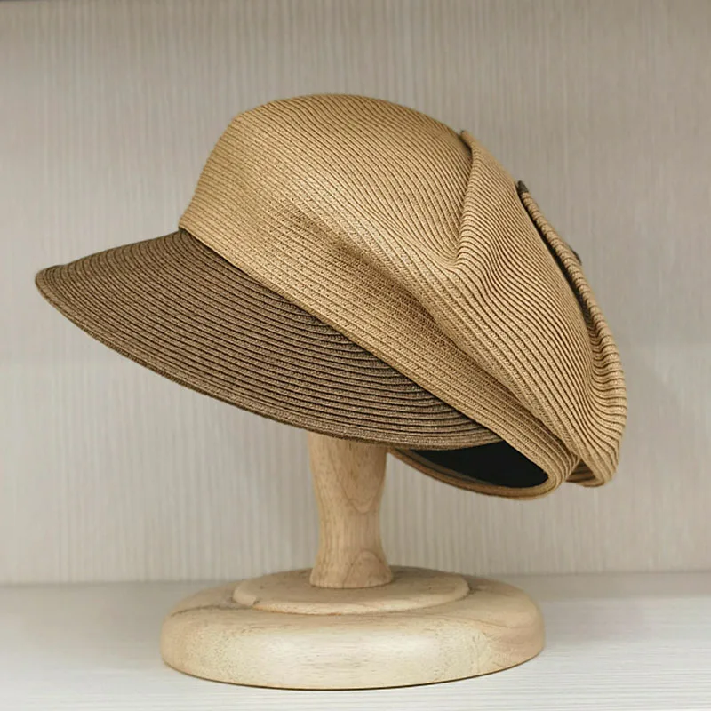 New Bow Summer Hat Beach Sun Cap Two Tones Patchwork Straw Cap Wide Brim Visor Newsboy Hat Vacation Beach Hat Foldable Lady Girl