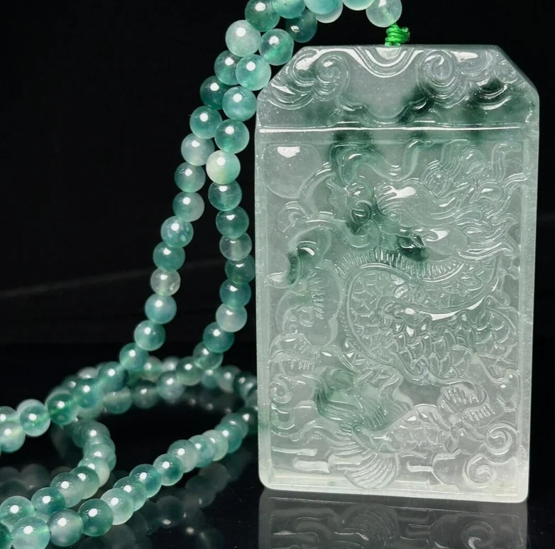 Certified Nature Ice Green Jade Jadeite Carved big Dragon Pendant&Necklaces imperial tablet to which students and officials were