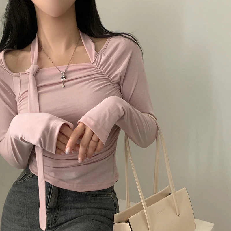 CIBBAR Sweet Solid Bandage Halter magliette donna Casual Off-spalla manica intera Crop Top moda coreana Tees autunno y2k estetico