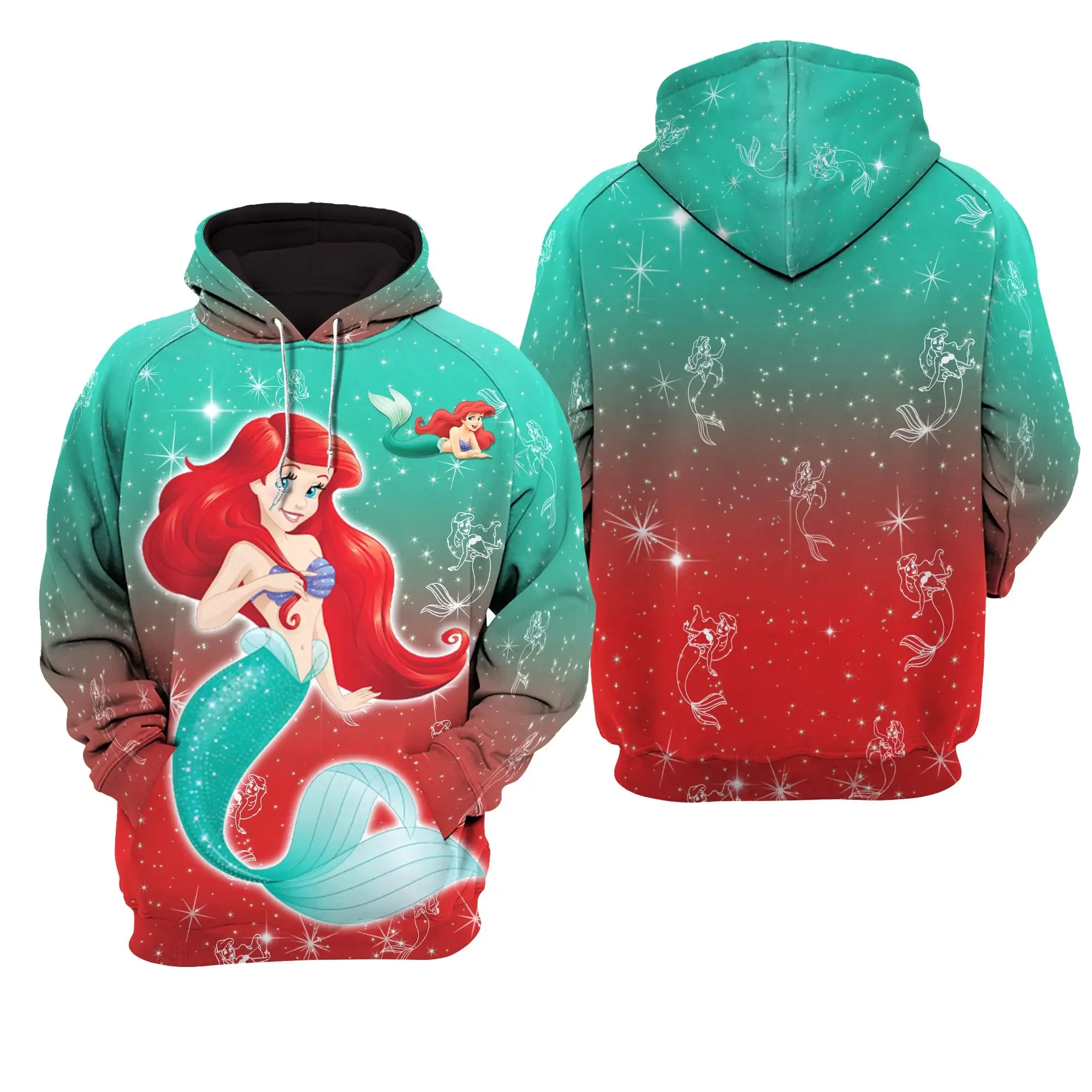 Little Mermaid Ariel 3d Hoodie Mens Women\'s Casual Fashion Sweatshirt Disney 3d Hoodie Harajuku Streetwear Cartoon Zipper Hoodie