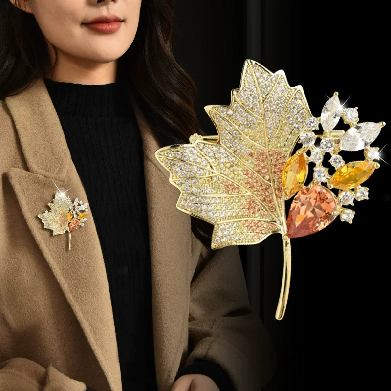 Exquisite Rhinestone Maple Leaf Brooch Luxury Crystal Lapel Pin Jewelry Women Hat Scarf Bag Accessories Valentine'S Day Gift