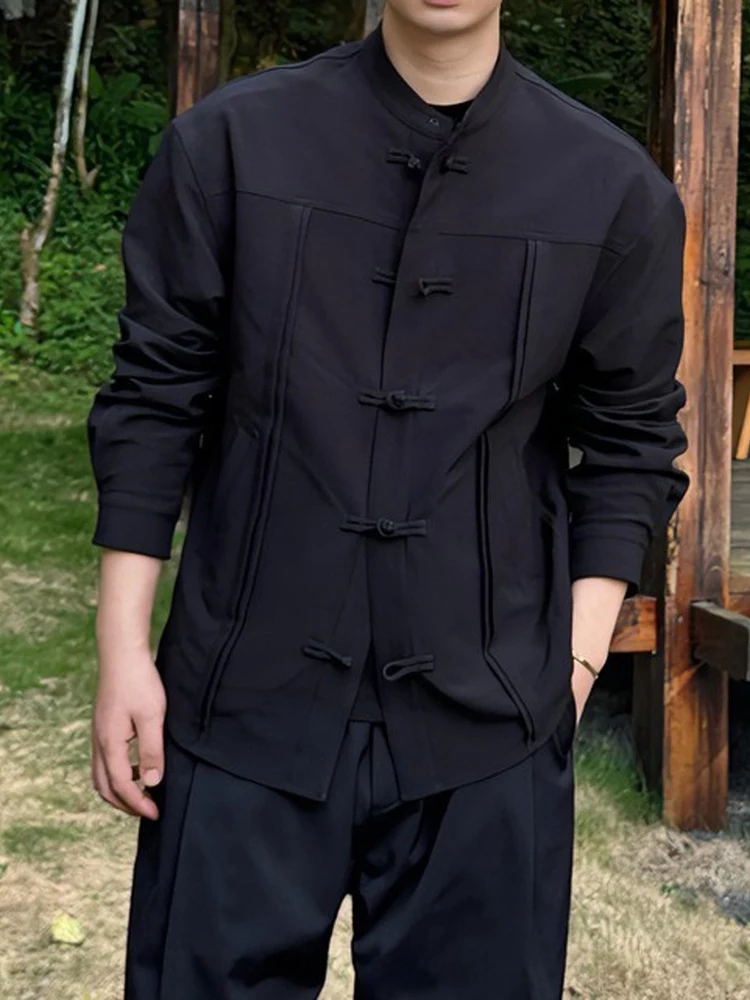 

Свободный крой, повседневная мужская куртка, осенняя новинка, винтажная китайская одежда с воротником-стойкой на пуговицах, роскошная верхняя одежда, обычная длина све