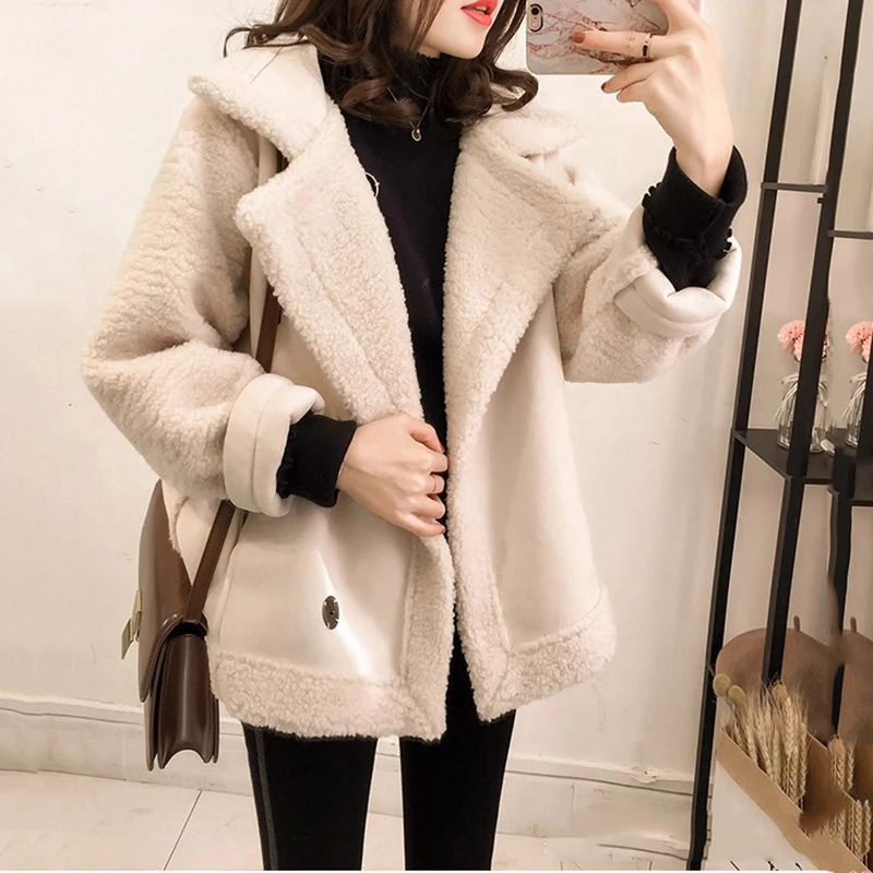 

Однобортная куртка с лацканами из овечьей шерсти, осенне-зимняя новая корейская версия свободной женской куртки с длинными рукавами Tide